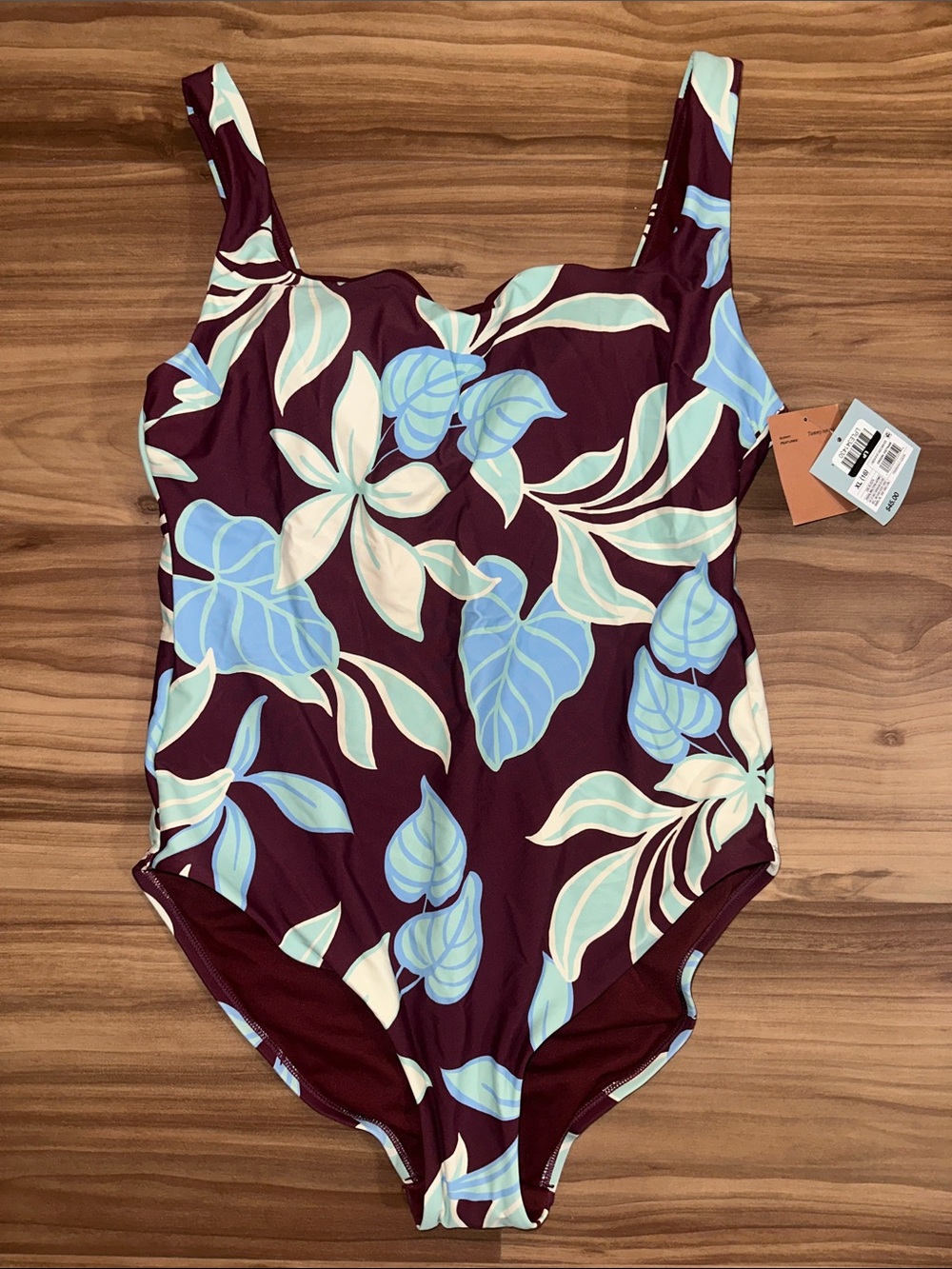 Shade & Shore Burgundy One-Piece Swimsuit with Blue & Cream Leaf Print